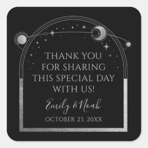 Mystical Black Silver Sol Måne-astronomi Bröllop Fyrkantigt Klistermärke