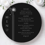Mystical Black Silver Sol Måne Space Bröllop Meny<br><div class="desc">Menykort för Mystical Black Silver Sol Stars Space Bröllop har enkla silver-stjärnor på svart bakgrund med menydetaljer i mitten i det moderna kalligrafiskriptet för silver. Anpassa genom att redigera texten i textrutorna. Designad av ©2022 Evco Studio www.zazzle.com/store/evcostudio</div>