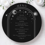 Mystical Black Silver Sol Måne Space Bröllop Meny<br><div class="desc">Menykort för Mystical Black Silver Sol Stars Space Bröllop har en svart bakgrund i silver sol,  måne och stjärnor i ram på en svart bakgrund med menydetaljer i mitten i det moderna Måne-kalligrafiskriptet. Anpassa genom att redigera texten i textrutorna. Designad för dig ©2022 Evco Studio på www.zazzle.com/store/evcostudio</div>