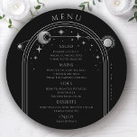 Mystical Black Silver Sol Måne Space Bröllop Meny<br><div class="desc">Menykort för Mystical Black Silver Sol Stars Space Bröllop har en svart bakgrund i silver sol,  måne och stjärnor i ram på en svart bakgrund med menydetaljer i mitten i det moderna Måne-kalligrafiskriptet. Anpassa genom att redigera texten i textrutorna. Designad av Evco Studio www.zazzle.com/store/evcostudio</div>