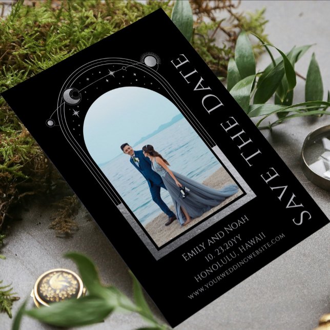 Mystical Black Silver Sol Måne Star Space Bröllop Spara Datumet (Skapare uppladdad)