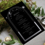 Mystical Black Silver Sol Måne Stars Bröllop Meny<br><div class="desc">Mystical Black Silver Sol Stars Astronomy Galaxy Celestial Cosmic Space Bröllop Menu Cards har en svart bakgrund från silver sol, måne och stjärnor ram på en svart bakgrund med menydetaljer i centrum i det moderna Måne-kalligrafiskriptet. Anpassa genom att redigera texten i textrutorna. Designad för dig ©2022 Evco Studio på www.zazzle.com/store/evcostudio...</div>