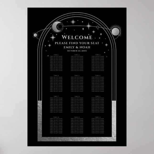 Mystical Black Silver Sol Måne Stars Bröllop Poster (Framsidan)