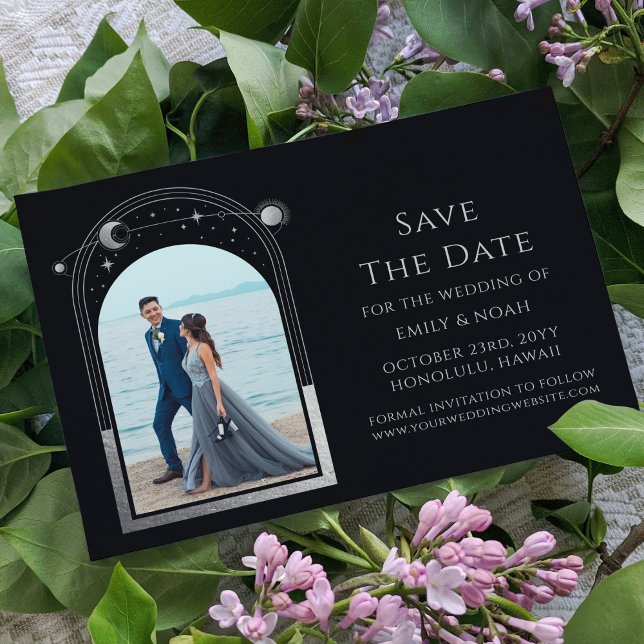 Mystical Black Silver Sol Måne Stjärastronomi Spara Datumet (Skapare uppladdad)