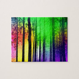Mystical Black Träd Silhouettes in Rainbow Forest Pussel