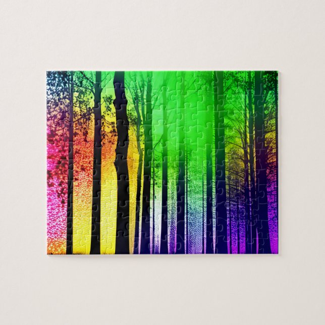 Mystical Black Träd Silhouettes in Rainbow Forest Pussel (Horisontell)