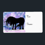 Mystical Black Unicorn (Låt det snöa) Fraktsedel<br><div class="desc">Den mystiska enhörningen har undgått alla i århundraden, nästan varje kultur har bilder och teckning av denna legendariska varelse. Nu kan du ha din vackra unicorn på dina favoritprodukter för att visa alla dina vänner! En vacker silhuett av en svart unicorn på lila/blå bakgrund med ett snabbt nedfall i måne...</div>