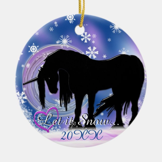 Mystical Black Unicorn (Låt det snöa) Julgransprydnad Keramik (Framsidan)