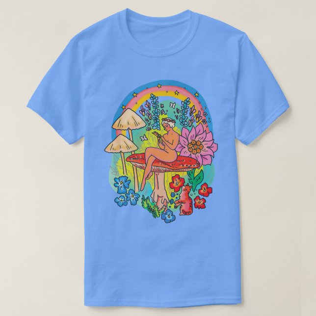 Mystical Blommigt Mushroom Girl with Cat Rainbow C T Shirt (Design framsida)