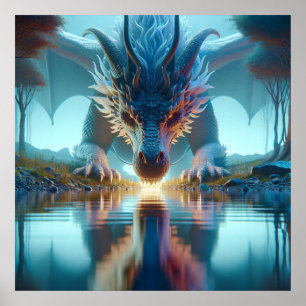 Mystical Blue Dragon Tittar vid reflektion i vått Poster