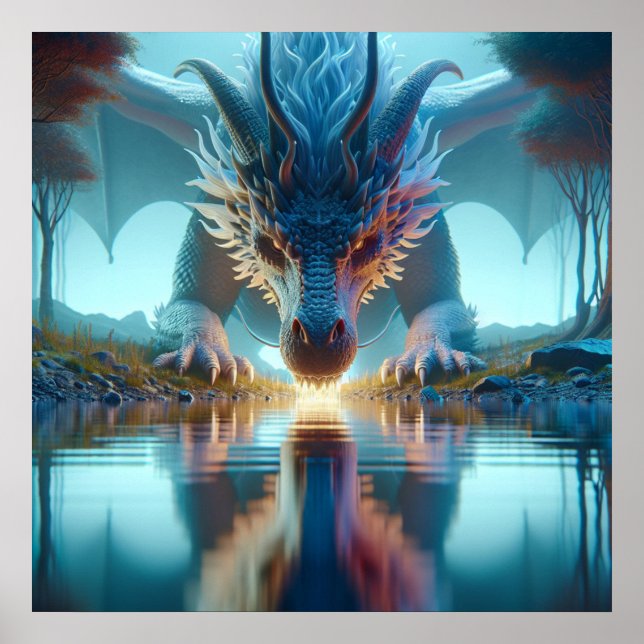 Mystical Blue Dragon Tittar vid reflektion i vått  Poster (Framsidan)