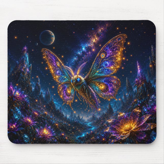 Mystical Blue & Gold Celestial Moth Mouse Pad Musmatta (Framsidan)