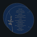 Mystical Blue Guld Sol Måne Stars Space Bröllop Meny<br><div class="desc">Menykort för Mystical Blue Guld Måne Stars Space Bröllop har enkla guld-stjärnor på blå bakgrund med menydetaljer i mitten i det moderna kalligrafiskriptet för guld. Anpassa genom att redigera texten i textrutorna. Designad för dig av Evco Studio © på www.zazzle.com/store/evcostudio</div>