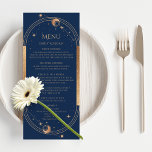 Mystical Blue Guld Sol Måne Stars Space Bröllop Meny<br><div class="desc">Menykort för Mystical Blue Guld Måne Stars Space Bröllop har en blå bakgrund med guld sol,  måne och stjärnor ram på en blå bakgrund med menydetaljer i mitten i det moderna Sol-kalligrafiskriptet. Anpassa genom att redigera texten i textrutorna. Designad för dig av Evco Studio © på www.zazzle.com/store/evcostudio</div>