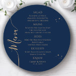 Mystical Blue Guld Sol Måne Stars Space Bröllop Meny<br><div class="desc">Menykort för Mystical Blue Guld Måne Stars Space Bröllop har enkla guld-stjärnor på blå bakgrund med menydetaljer i mitten i det moderna kalligrafiskriptet för guld. Anpassa genom att redigera texten i textrutorna. Designad för dig av Evco Studio © på www.zazzle.com/store/evcostudio</div>