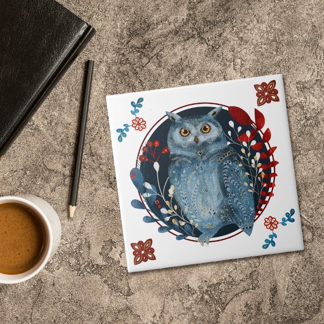 Mystical Blue Owl Red Leaves Folk Art Kakelplatta (Skapare uppladdad)