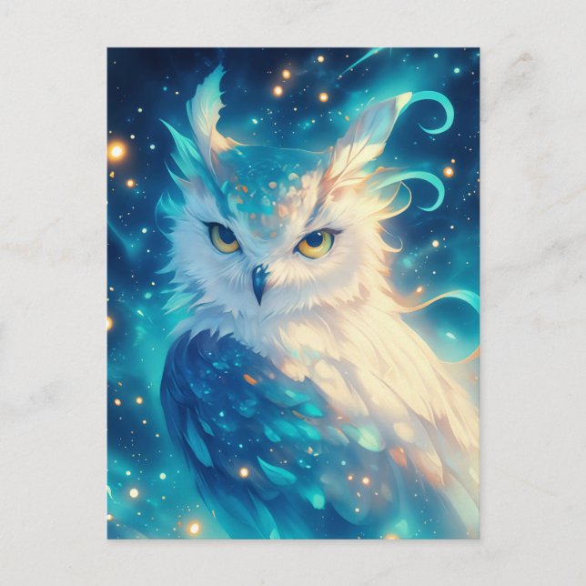Mystical Blue Owl Starry Portrait Vykort (Framsida)