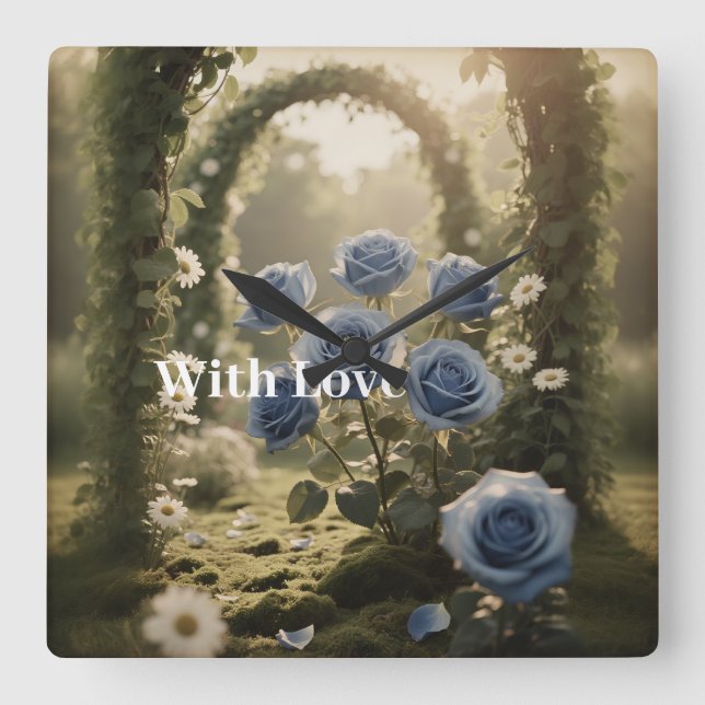 Mystical Blue Ro Timless Heirloom Gift Blommigt Fyrkantig Klocka (Framsida)