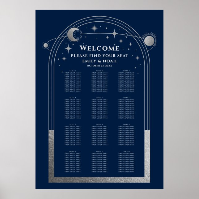 Mystical Blue Silver Sol Måne Stars Bröllop Poster (Framsidan)