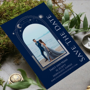 Mystical Blue Silver Sol Måne Stars Bröllop Spara Datumet