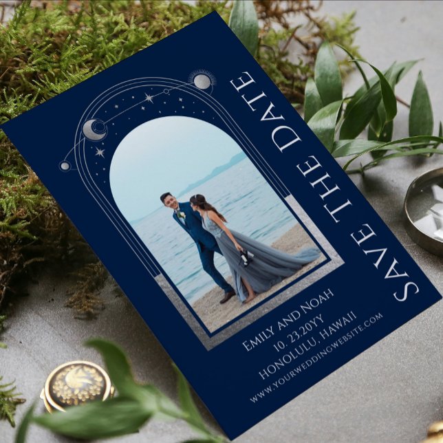 Mystical Blue Silver Sol Måne Stars Bröllop Spara Datumet (Skapare uppladdad)