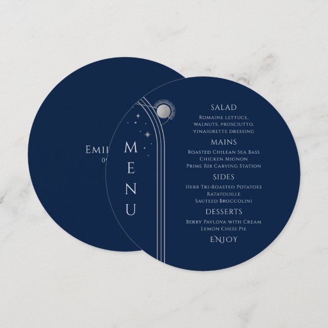 Mystical Blue Silver Sol Måne Stars Space Bröllop Meny (Fram/baksida)