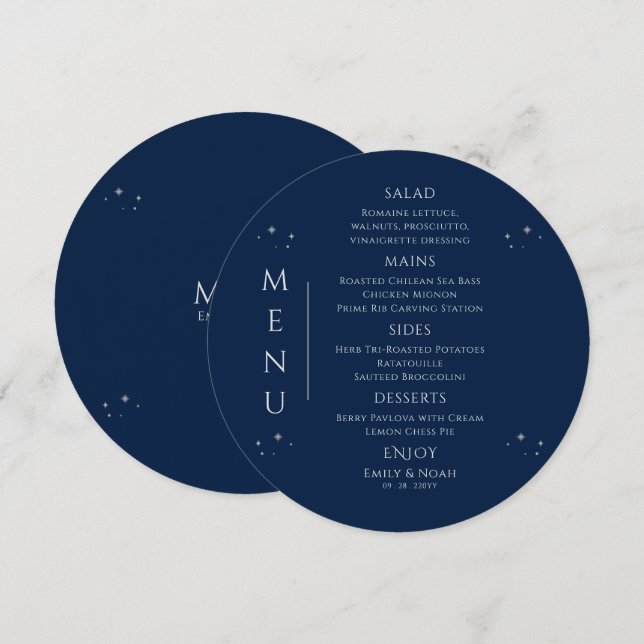 Mystical Blue Silver Sol Måne Stars Space Bröllop Meny (Fram/baksida)