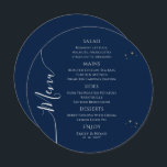 Mystical Blue Silver Sol Måne Stars Space Bröllop Meny<br><div class="desc">Menykort för Mystical Blue Silver Måne Stars Space Bröllop har enkla guld-stjärnor på blå bakgrund med menydetaljer i mitten i det moderna kalligrafiskriptet för silver. Anpassa genom att redigera texten i textrutorna. Designad för dig ©Evco Studio på www.zazzle.com/store/evcostudio</div>