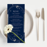 Mystical Blue Silver Sol Måne Stars Space Bröllop Meny<br><div class="desc">Menykort för Mystical Blue Silver Måne Stars Space Bröllop har en blå bakgrund med silver sol,  måne och stjärnor ram på en blå bakgrund med menydetaljer i mitten i det moderna Sol-kalligrafiskriptet. Anpassa genom att redigera texten i textrutorna. Designad för dig av Evco Studio © på www.zazzle.com/store/evcostudio</div>