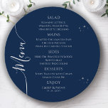 Mystical Blue Silver Sol Måne Stars Space Bröllop Meny<br><div class="desc">Menykort för Mystical Blue Silver Måne Stars Space Bröllop har enkla silver-stjärnor på blå bakgrund med menydetaljer i mitten i det moderna kalligrafiskriptet för silver. Anpassa genom att redigera texten i textrutorna. Designad för dig ©Evco Studio på www.zazzle.com/store/evcostudio</div>