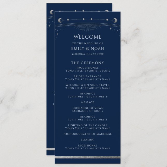 Mystical Blue Silver Sol Star Måne Space Bröllop Program (Fram/baksida)