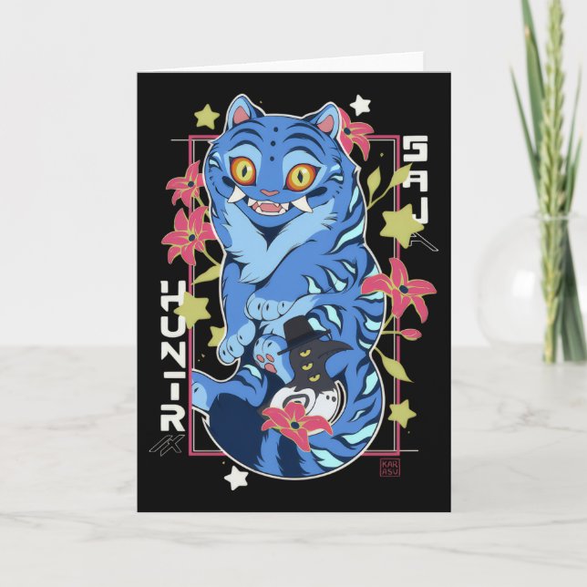 Mystical Blue Tiger Japanese Folk Art Style Kort (Framsida)