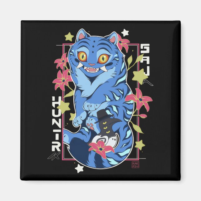 Mystical Blue Tiger Japanese Folk Art Style Magnet (Framsidan)