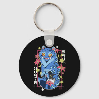 Mystical Blue Tiger Japanese Folk Art Style Nyckelring