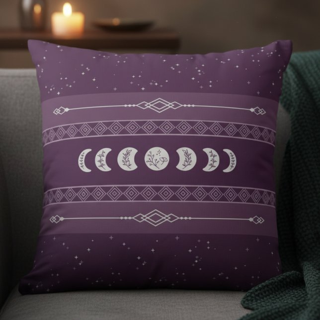 Mystical Bohemian Plum Celestial Moon Phase Kudde (Ideal for those searching for Boho, Witchy, Aesthetic, or Spiritual Wellness decor)