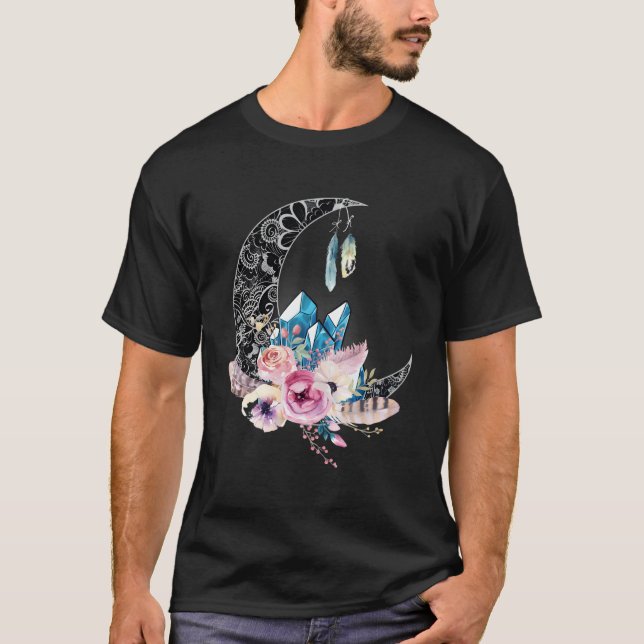 Mystical Boho Måne Crystals Cute Witchy Andlig T Shirt (Framsida)