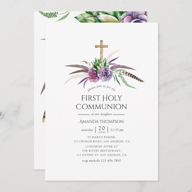 Mystical Boho Succulents First Heliga Communion Inbjudningar (Fram/baksida)
