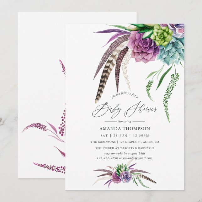 Mystical Boho Watercolor Baby Shower Inbjudningar (Fram/baksida)