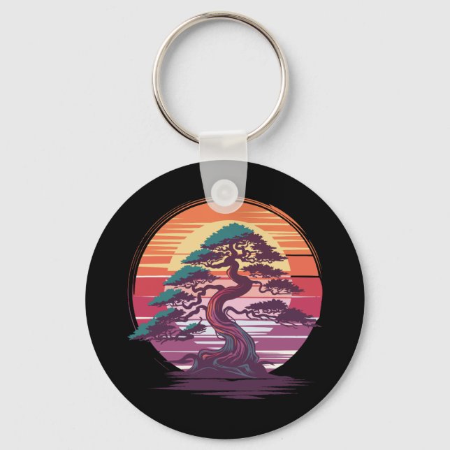 Mystical Bonsai Träd - Retro Sunset Aesthetic Nyckelring (Framsida)