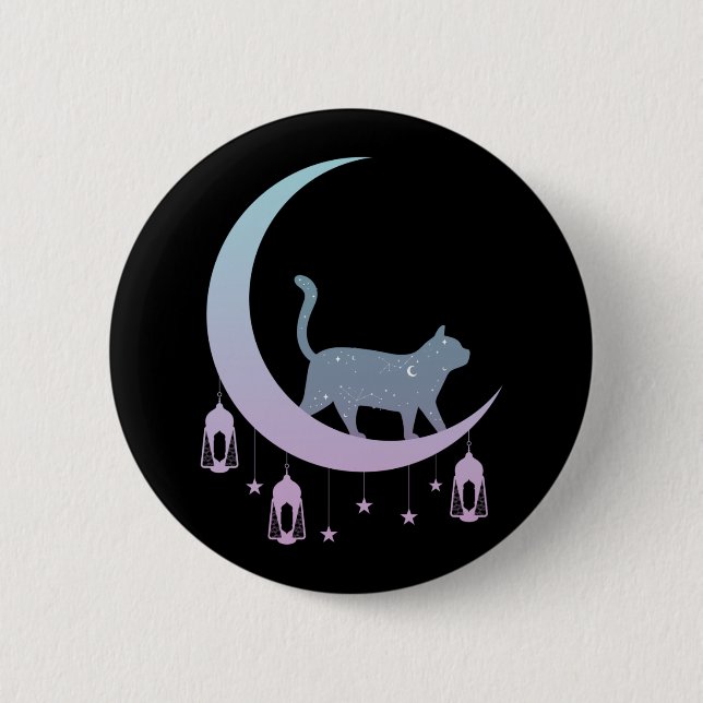 Mystical Cat Crescent Måne Horoscope Pastel Goth Knapp (Framsida)