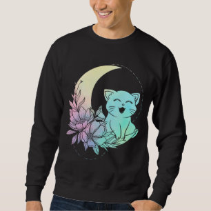 Mystical Cat Crescent Måne Pastel Goth Wicca Lång Ärmad Tröja