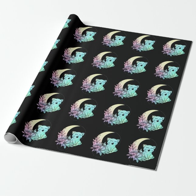 Mystical Cat Crescent Måne Pastel Goth Wicca Presentpapper (Utrullad)