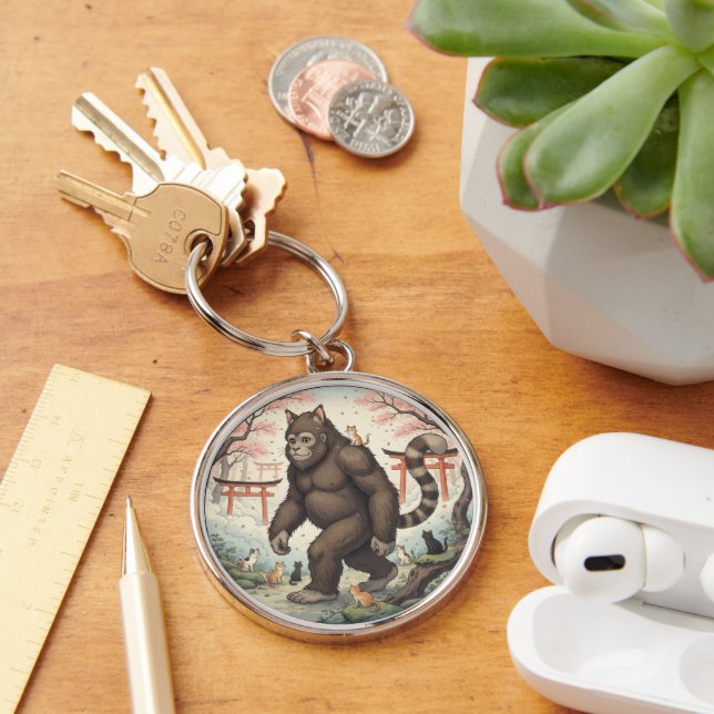 Mystical Cat-Foot in Japanese Forest Keychain Rund Silverfärgad Nyckelring (Skrivbord)
