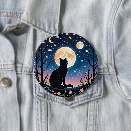 Mystical Cat Moon Button | Cute Night Sky Cat Pin  Knapp