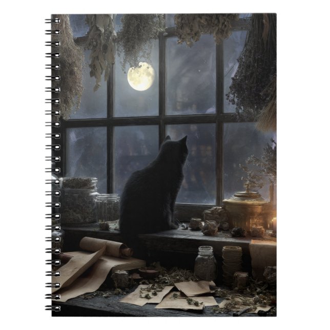 Mystical Cat Moonlit Window Notebook Anteckningsbok (Framsidan)