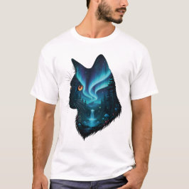 Mystical Cat Northern Lights Forest Silhouette  T Shirt