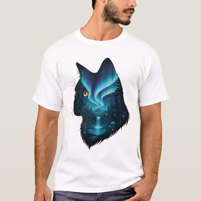 Mystical Cat Northern Lights Forest Silhouette  T Shirt (Framsida)