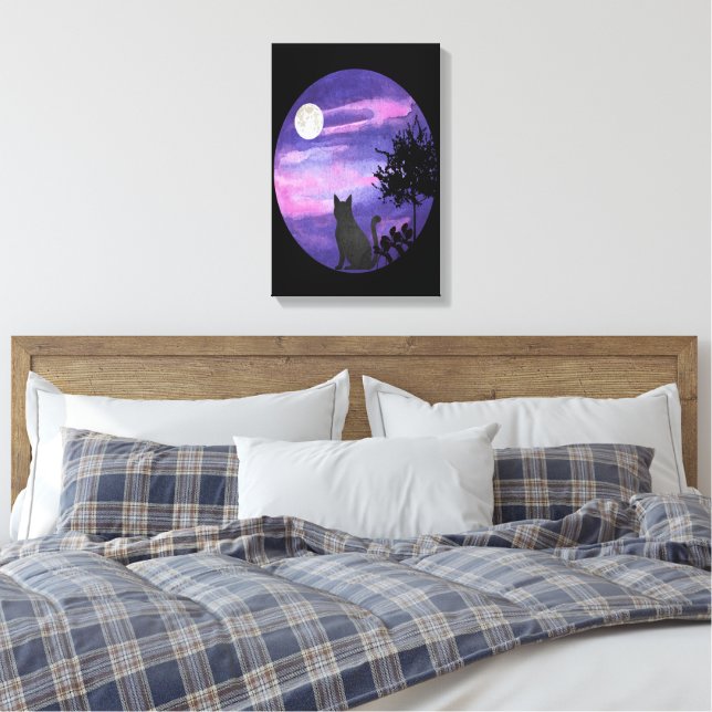 Mystical Cat Under Moon – Dreamy Purple Night Wate Canvastryck (Insitu (sovrum))