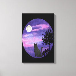 Mystical Cat Under Moon – Dreamy Purple Night Wate Canvastryck