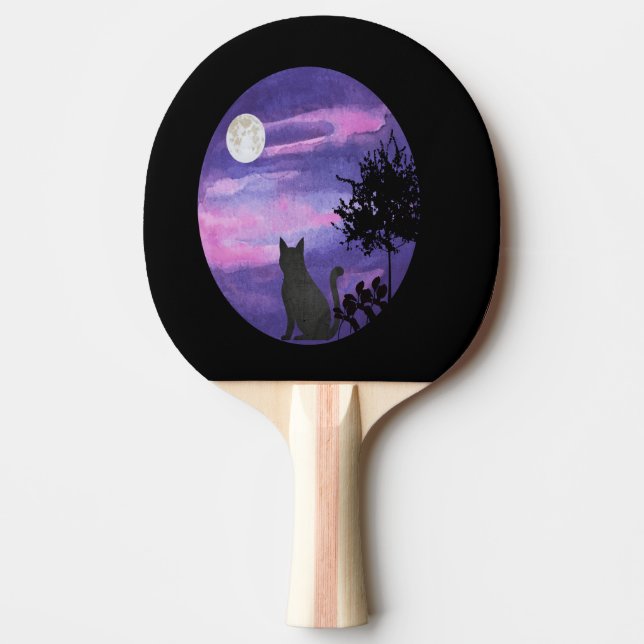 Mystical Cat Under Moon – Dreamy Purple Night Wate Pingisracket (Framsidan)